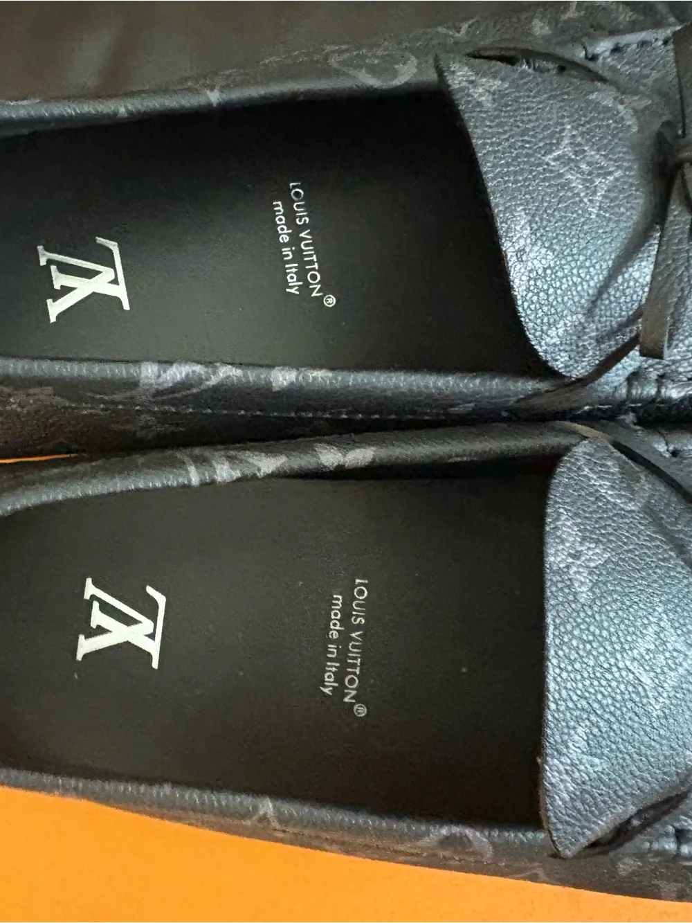 Louis Vuitton Black Monogram Driving Moccasins with Orange Accents
